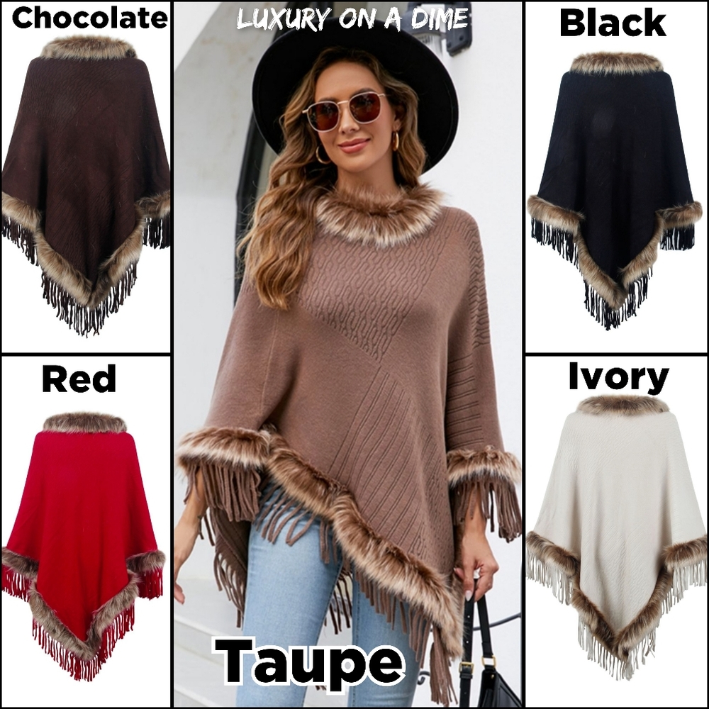 Faux Fur Retro Fringe Hem Textured Knit Poncho Pullover Sweater Top Fall Winter